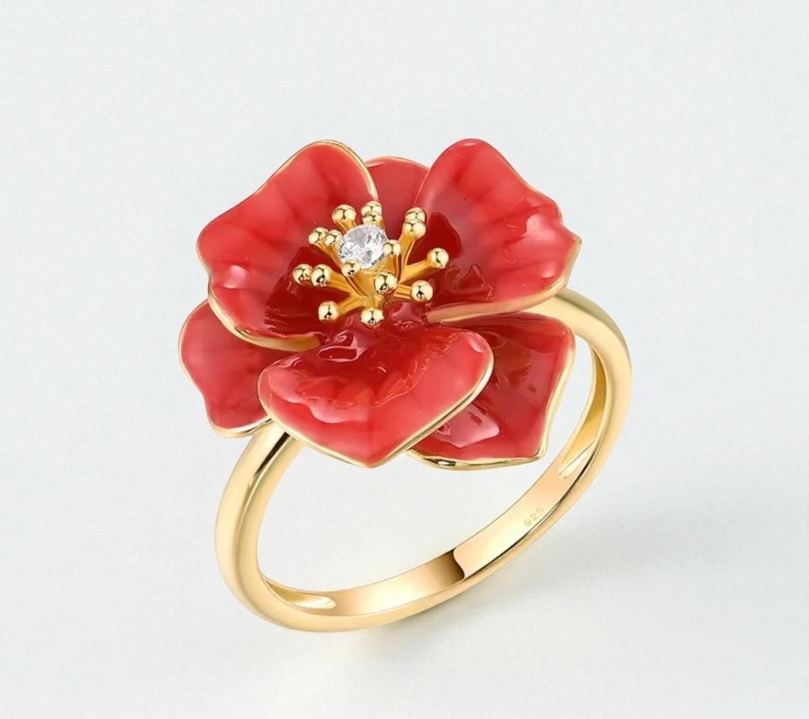 Sterling Silber Blumenring Für Frauen - Rote Emaille Weiß Czlovely Verlobung Oder Geschenk Stück von ByMoonJewels