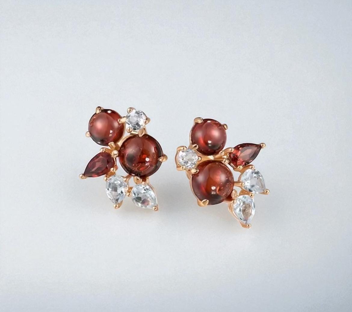 Vistoso 14K Rose Gold Ohrstecker - Echter Granat Blautopas Funkelnder Schmuck Für Damen von ByMoonJewels