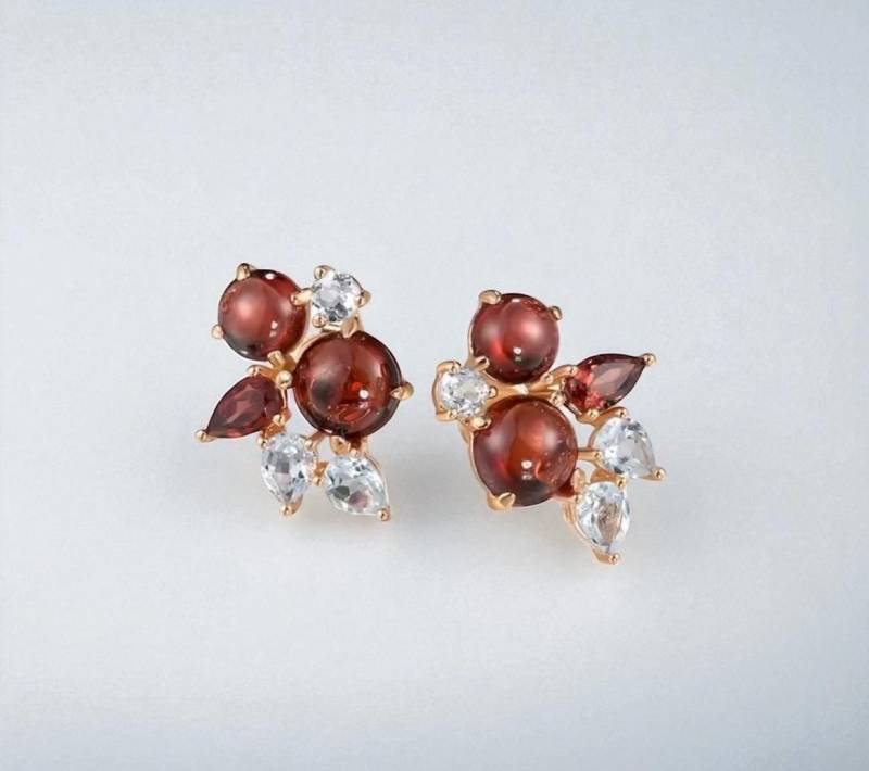 Vistoso 14K Rose Gold Ohrstecker - Echter Granat Blautopas Funkelnder Schmuck Für Damen von ByMoonJewels