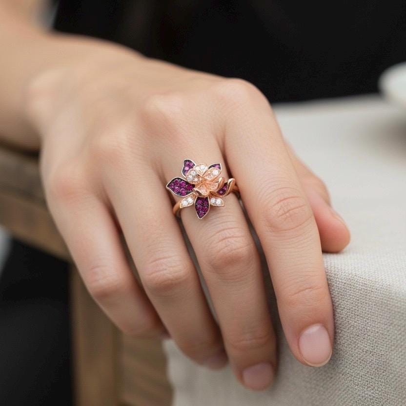 sterling Silber Blumen Ring Rosa Saphir, Eleganter Schmuck von ByMoonJewels