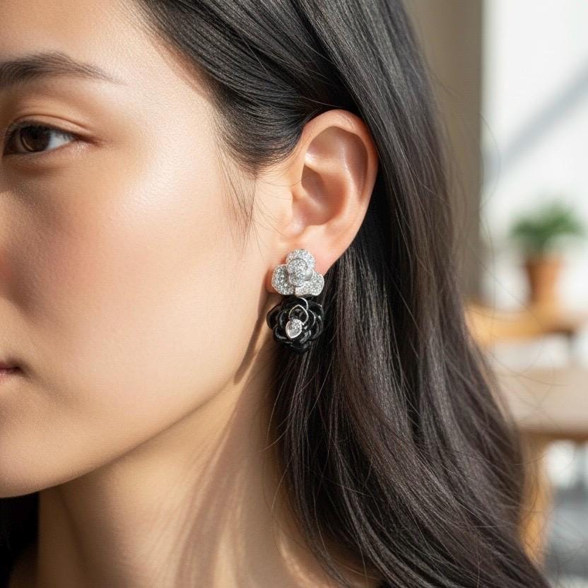 sterling Silber Blumen Tropfen Ohrringe Schwarz & Weiß Emaille, Cz Akzente von ByMoonJewels