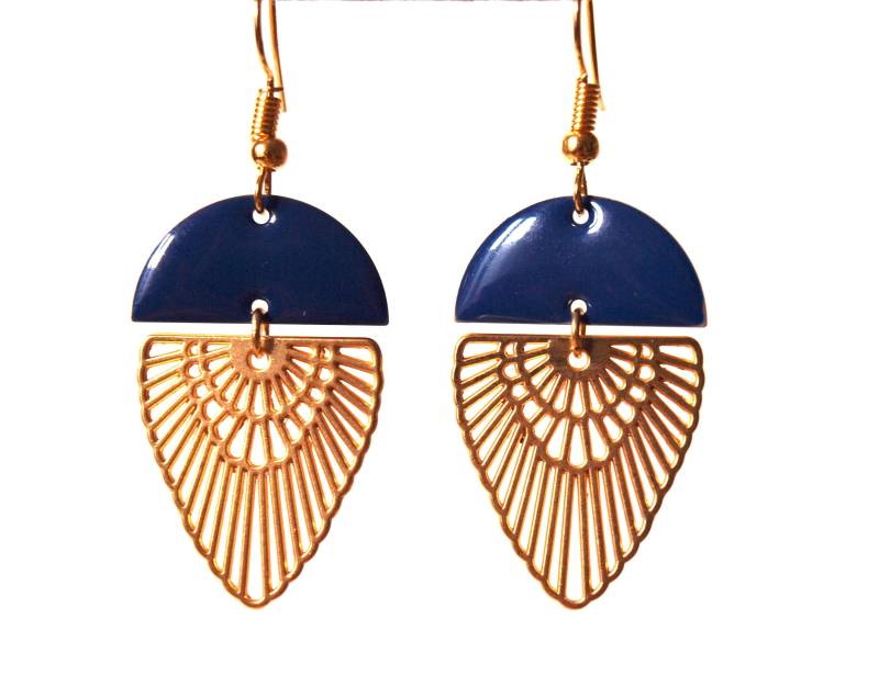 Blaue Und Goldene Art-Deco-Ohrringe, Matt Vergoldet Emailliert, Halbkreis Mit Pailletten - Geschenk Für Frauen von ByNatM