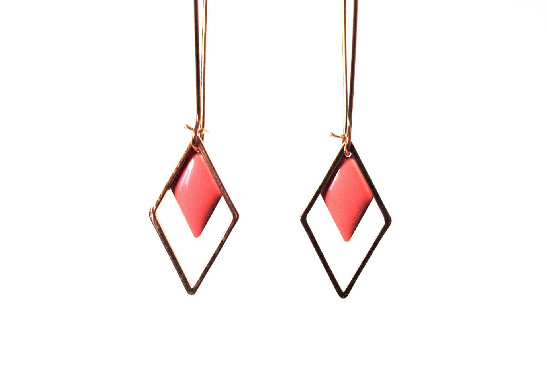 Ohrringe Emailliert Pailletten Rosa Diamant Auf Mount Messing Gold - Grafik Geometrisch Minimalistisch Lange von ByNatM