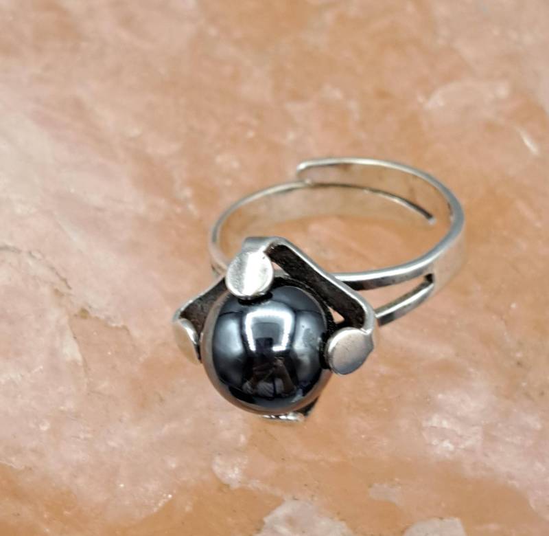 statement Ring Silber 835 Mit Schwarzer Perlenkugel Tahitiperle. Sehr Guter Zustand in Grösse Us =7 Bis 9 Und De = 55 59 von ByNilShop