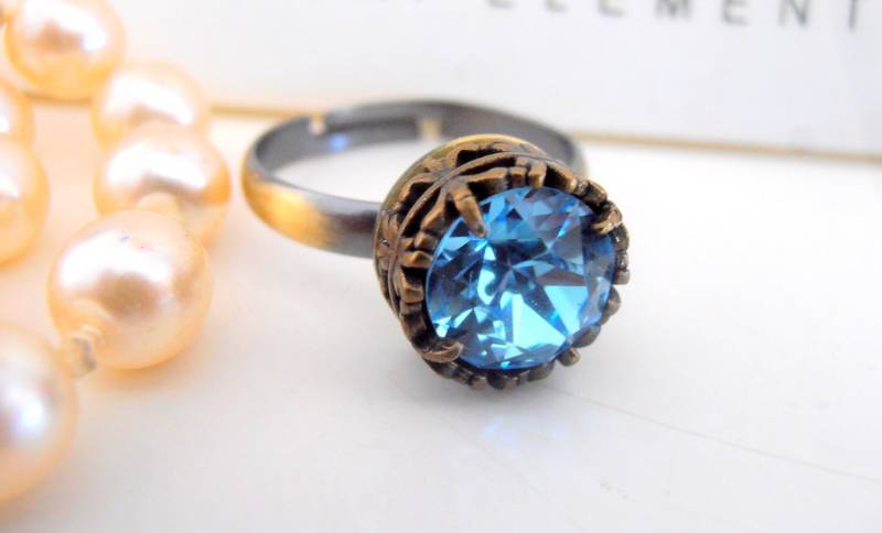 Aquamarin Kristall Ring Bronze Filigree Einstellbar Solitär von ByParisie