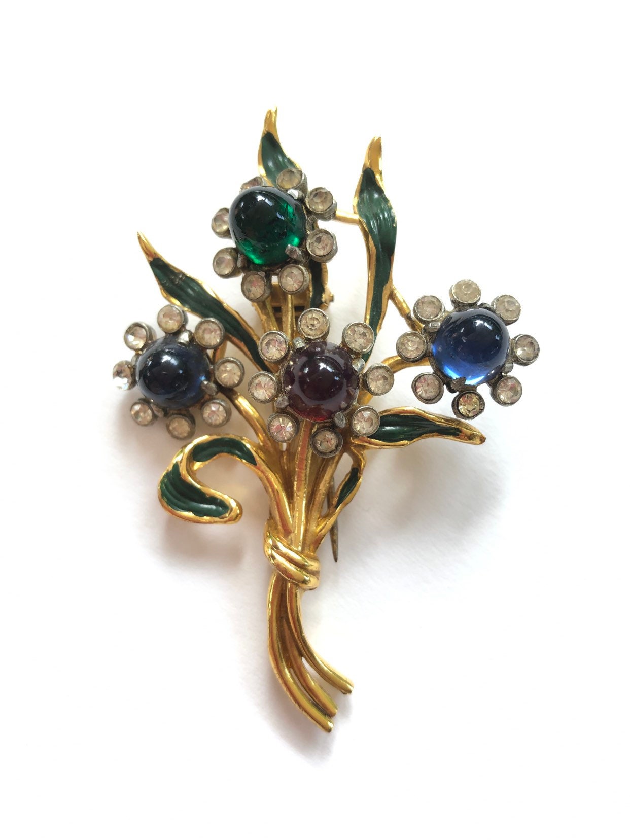 Vintage Emaille Cabochons Strass Blumen Brosche | Pelzclip Grün Blau Rot Gold Vintage Emaille Cabochons Strass Blumen Brosche | Pelzclip Grün Blau Rot Gold von ByPompadours
