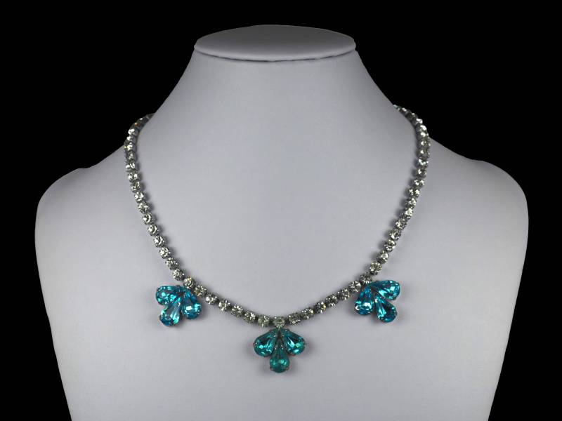 Vintage Halskette - Strass Blau Aquamarin Tropfen Elegant 1950Er Fleur De Lis Kleeblatt Mid Century Geschenk von ByPompadours