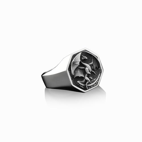 925 Silber Drachen Signet Herrenring, Handgemachter Geflügelter Drachenmann Ring, Polierter Drachenring, Sterling Silber Hochzeitsgeschenk Für Männer, Ring Für Männer von BySilverStone Jewelry