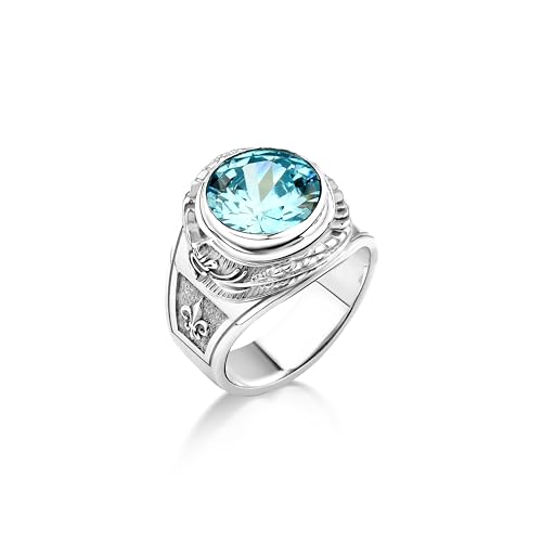 BySilverStone Jewelry Blauer Topas-Ring Mit Eingravierter Lilie Und Drache, Vintage-Daragon-Herrenring Aus Sterlingsilber Mit Aquamarinstein, Heraldischer Schmuck von BySilverStone Jewelry