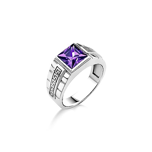 BySilverStone Jewelry Gravierter Mäander-Herren-Amethyst-Ring Aus Sterlingsilber, Männlicher Versprechensring Mit Quadratischem Amethyst, Lila Stein-Modering Für Männer von BySilverStone Jewelry