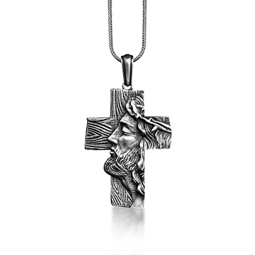 BySilverStone Jewelry Jesus Auf Baum Strukturierte Kreuz Halskette, Sterling Silber Christliche Halskette Für Papa, Oxidierter Kreuz Anhänger, Glaube Halskette Für Freund von BySilverStone Jewelry