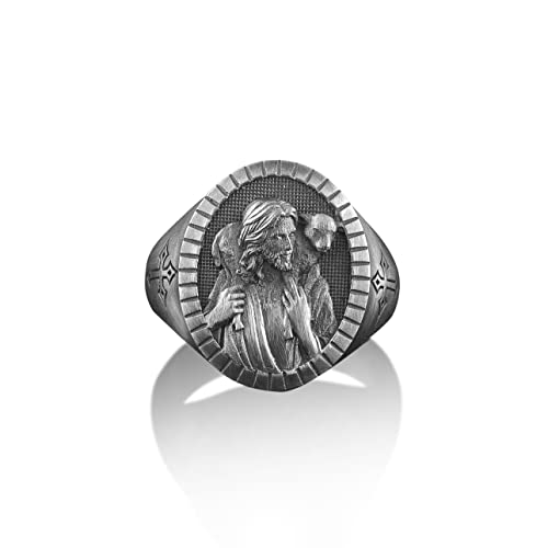 BySilverStone Jewelry Jesus Der Gute Hirte Silber Herrenring, Hirte Jesus Ringe, Religiöse Männer Jesus Ringe, Massive Silberne Christliche Ringe, Jesus Relief Ringe von BySilverStone Jewelry