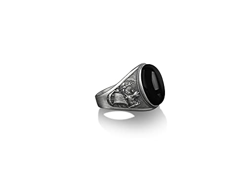 BySilverStone Jewelry – Poseidon, Gott Des Meeres, Schwarzer Onyx, Ovaler Edelstein-Siegelring, Antike Griechische Mythologie, Herrenringe Aus Sterlingsilber, Kleiner Fingerring Für Frauen von BySilverStone Jewelry