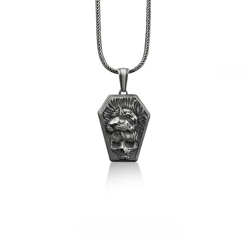 BySilverStone Jewelry – Sarg-Halskette Mit Löwe Und Totenkopf, Gothic-Halskette Aus 925Er Sterlingsilber, Tier-Halskette, Halskette Für Die Beste Freundin, Totenkopf-Anhänger, Erinnerungsgeschenk von BySilverStone Jewelry