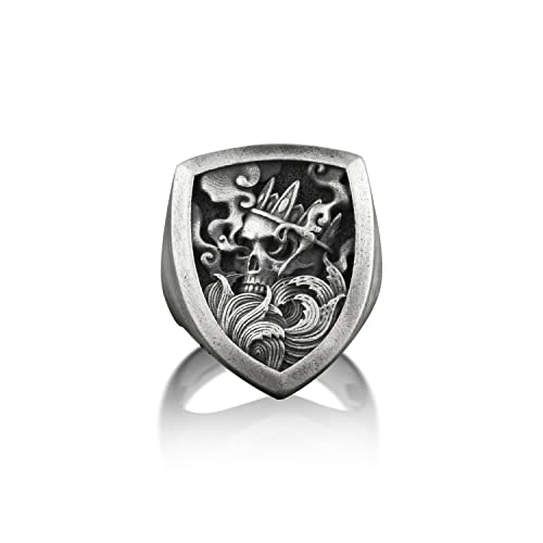 BySilverStone Jewelry Silberring Für Herren – Königsschädel-Schild-Ring Für Herren, Einzigartiger Gothic-Herrenring Aus Oxidiertem Silber, Anarchistischer Punk-Ring Für Freund, Beste Freundin von BySilverStone Jewelry