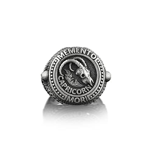 BySilverStone Jewelry Silberring Für Herren – Steinbock-Gothic-Biker-Ring Für Herren, Memento Mori-Sternzeichen-Siegelring Aus Oxidiertem Silber, Ziegenskelett-Ring Für Freund, von BySilverStone Jewelry