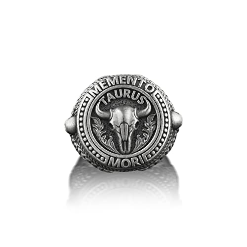 BySilverStone Jewelry Silberring Für Herren – Stier Memento Mori Herren-Siegelring, Außergewöhnlicher Gothic-Ring Aus Oxidiertem Sterlingsilber, Punk-Ring Für Freund, Sternzeichen-Ring von BySilverStone Jewelry