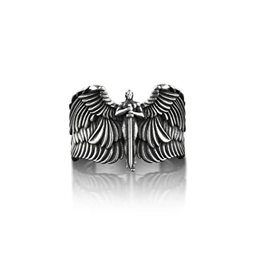 BySilverStone Jewelry Silberring Für Herren – Erzengel Michael, Außergewöhnlicher Ring, St. Michael Mit Flügel, Christlicher Ring Aus Oxidiertem Silber, St. Michael-Glaubensring, Religiös von BySilverStone Jewelry