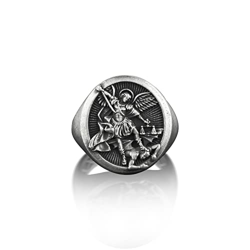 BySilverStone Jewelry Silberring Für Herren – St. Michael Pinky Siegelring Für Männer, Oxidierter Erzengel-Saint-Michael-Ring Aus Sterlingsilber, Christlicher Ring Für Die Familie, von BySilverStone Jewelry