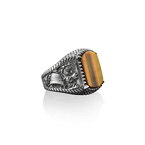 BySilverStone Jewelry Tigerauge Poseidon 925 Silber Herrenring, 925 Sterling Silber Griechische Mythologie Ring, Edelstein-Ring, Ozean-Ring, Gedenkgeschenk, Ring Für Herren von BySilverStone Jewelry