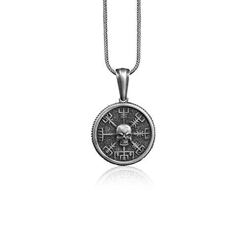 BySilverStone Jewelry – Totenkopf Auf Vegvisir-Wegfinder-Halskette, Gothic-Halskette Aus 925Er Sterlingsilber, Nordischer Mythologie-Schmuck, Personalisierte Halskette, Erinnerungsgeschenk von BySilverStone Jewelry