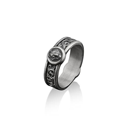 BySilverStone Jewelry Wolf Mit Lilienmotiven, Handgefertigter Herren-Bandring Aus Sterlingsilber, Wikinger-Wolf-Ehering, Stapelbarer Biker-Ring, Tier-Ring, Jubiläumsring von BySilverStone Jewelry