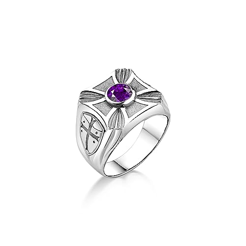 Großer Violetter Amethyst-Siegelring Aus Silber Mit Eingraviertem Kreuzfahrerschild, Breiter Band-Herrenring Mit Christlichem Silberkreuz, Siegelring Mit Amethyst von BySilverStone Jewelry