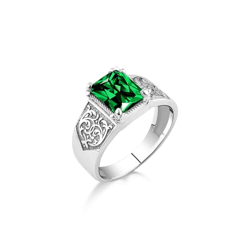 Smaragdstein-Statement-Ring Für Herren Mit Fleur De Lis, Viktorianischer Gravierter Grüner Smaragd-Herrenring Aus Silber, Gren-Jade-Herrenring Aus 925Er Silber von BySilverStone Jewelry