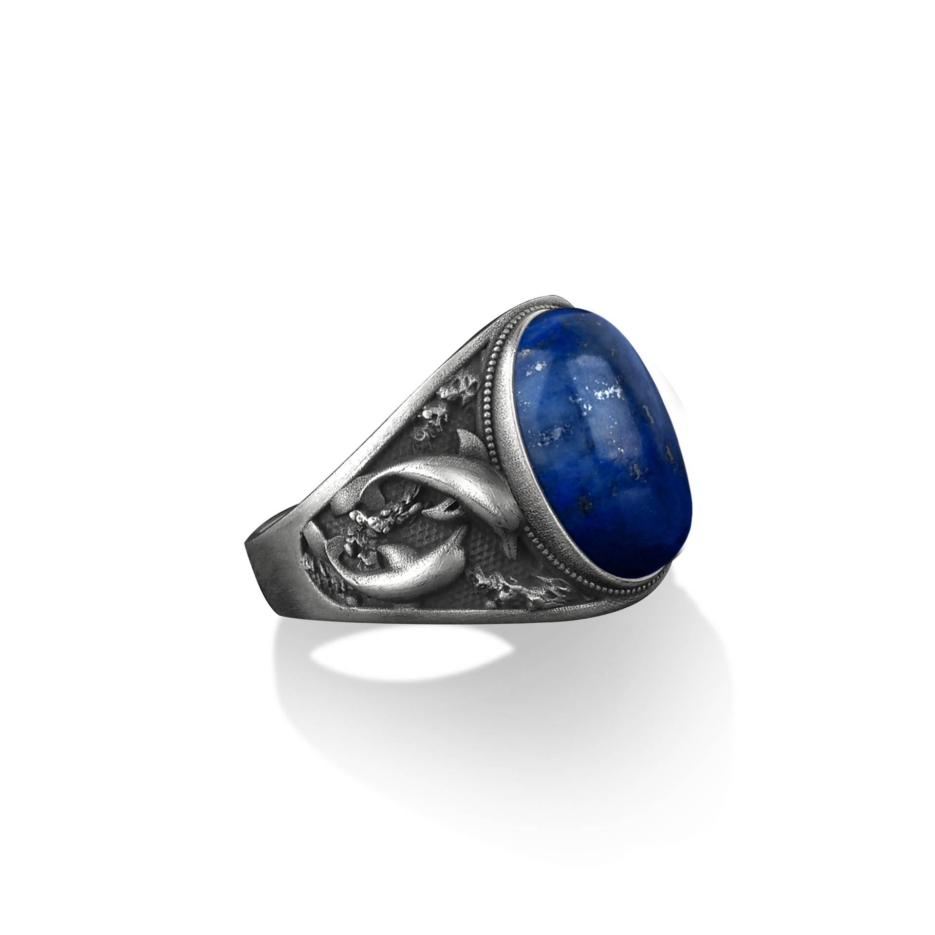 925 Sterling Silber Delfine Mit Blauem Lapis Männer Silberring, Gravierter Siegelring Lapislazuli Stein, Ovaler Statement Ring Für von BySilverStone