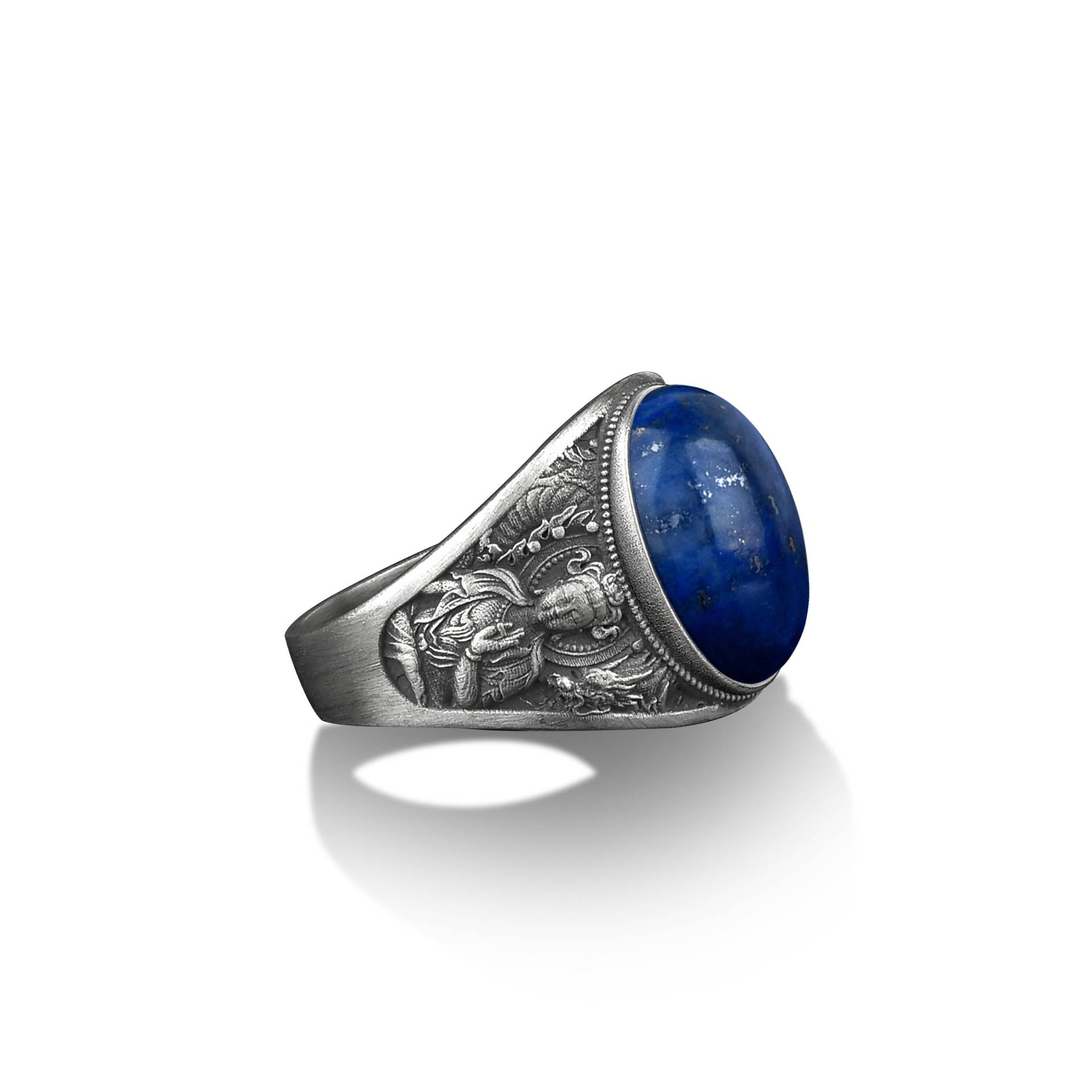 Abhaya Mudra Buddha Motiv Graviert Lapislazuli Ring Für Männer, Sterling Silber Herren Siegelring, Handgemachter Spiritueller Schmuck, Mann Ringe von BySilverStone