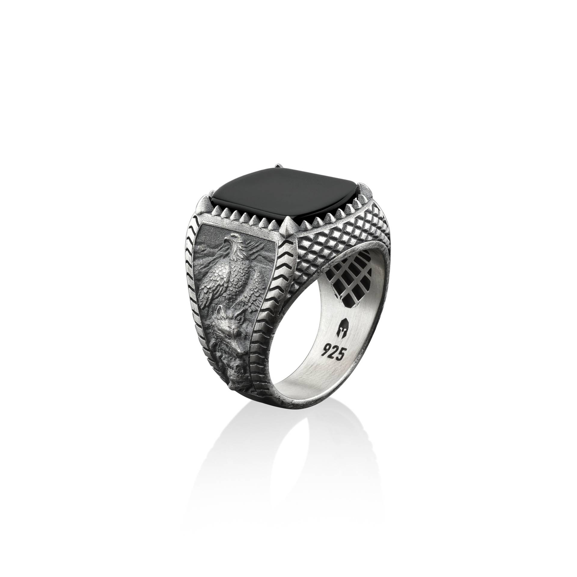 Adler Und Wolf Silber Onyx Männer Ring, Sterling Boho Siegelring, Tier Schwarzer Natur Gravierter Familienring von BySilverStone