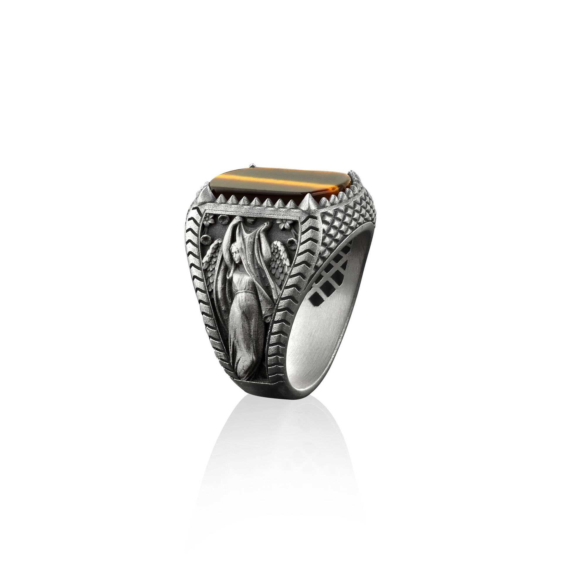 Der Engel Der Nacht Mit Ihrem Sternenmantel Eleganter Siegelring Für Männer Und Frauen, Tigerauge Edelstein Mann Ring in 925 Sterling Silber von BySilverStone