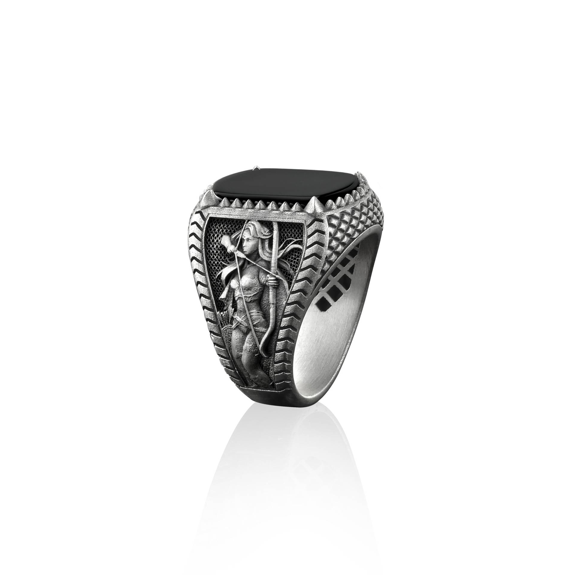 Die Göttliche Elfe Bogenschützin Schwarzer Onyx Silber Ring Für Männer, Mittelalterliche Ring, Sterling Pinky Männer Ringe Ehemann von BySilverStone