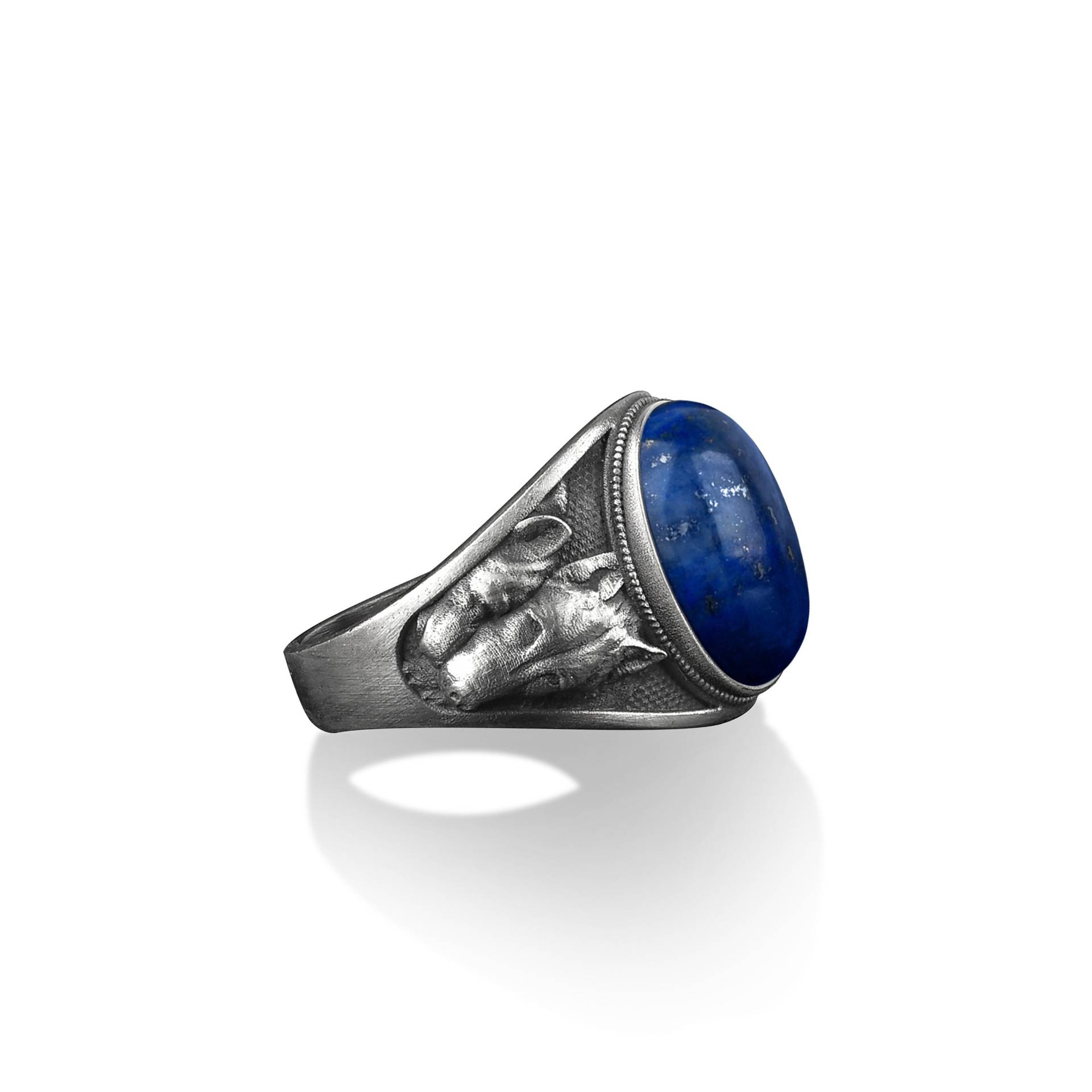 Einzigartiger Wolf Paar Siegel Silber Männer Ring, Sterling Mit Blauem Lapis Stein Mann Wild Tier Gravierter Lapislazuli Ring Für von BySilverStone