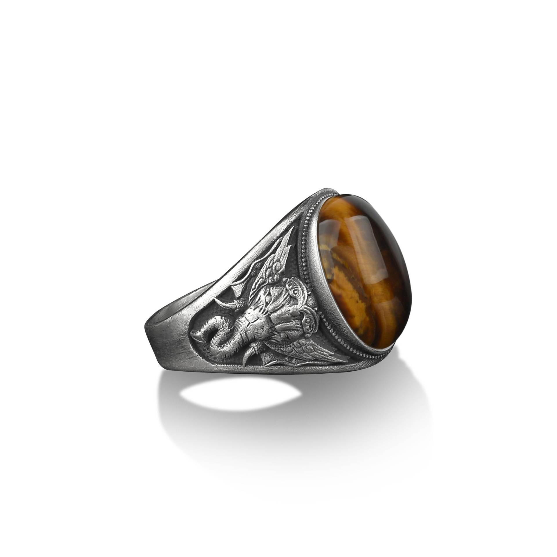 Elefant Namaste Siegel Silber Männerring Mit Tigerauge Edelstein, Spiritueller Männerschmuck, Pinky Ring Für Frauen, Sterling Silberring Männer von BySilverStone