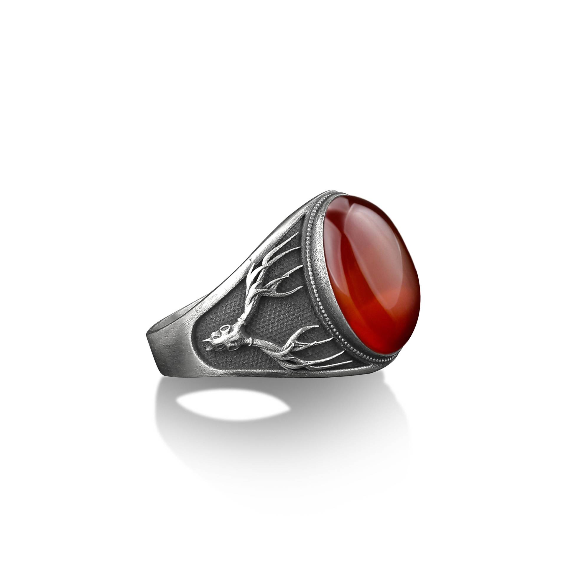 Gothic Biker Silber Männer Ring Mit Karneol Edelstein, Hirsch Schädel Mann Siegel Rot Achat Stein Ring, Hochzeit Ringe, Ringe von BySilverStone