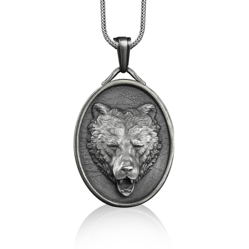 Grizzlybär-Anhängerhalskette Für Männer, Personalisierte Tierhalskette Geschenk Ehemann, Handgemachte Gravierte Halskette von BySilverStone