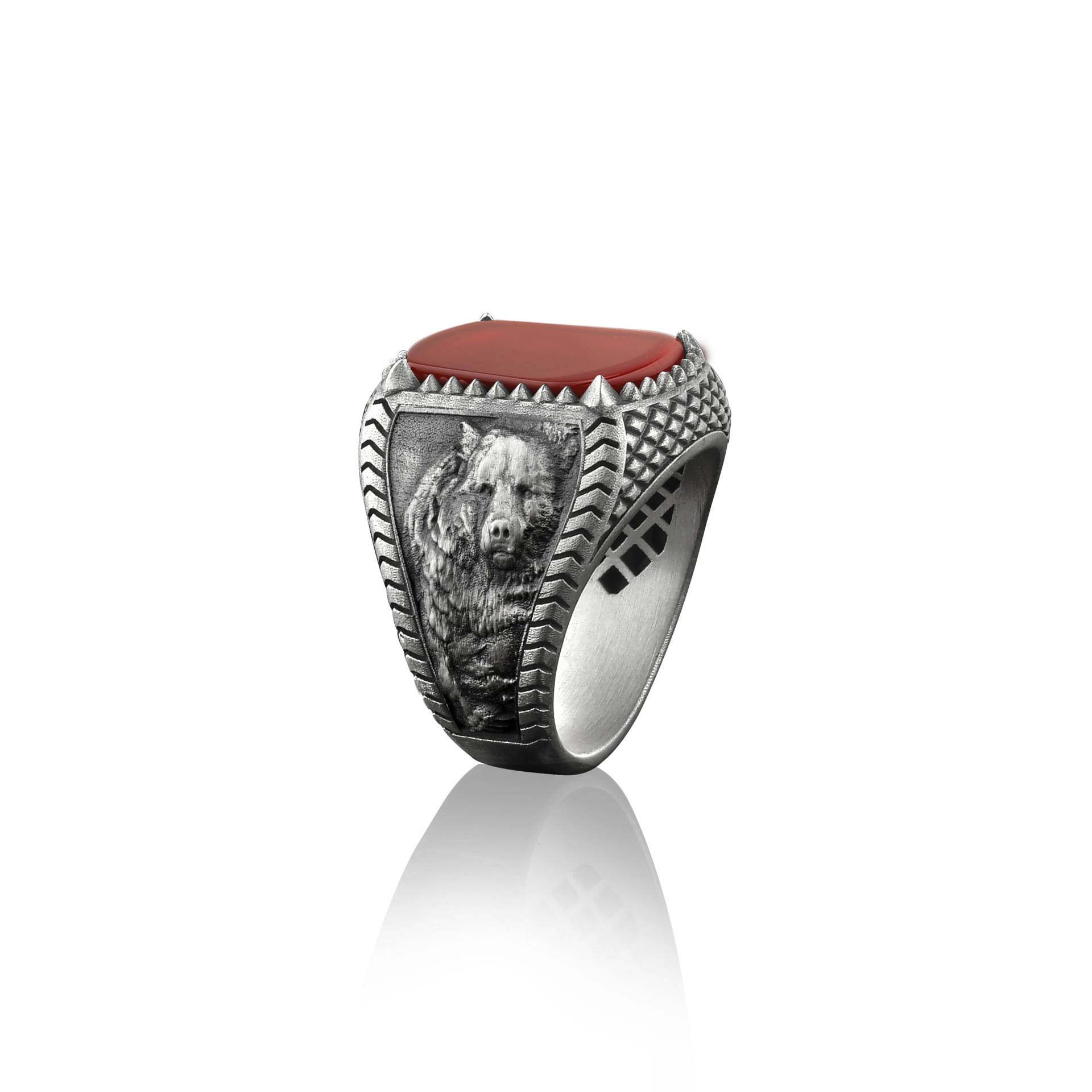 Grizzlybär Roter Achat Stein Herrenring, 925 Sterling Silber Karbelian Edelstein Ring Für Herren, Wildtier Graviert Personalisierter Silberring von BySilverStone