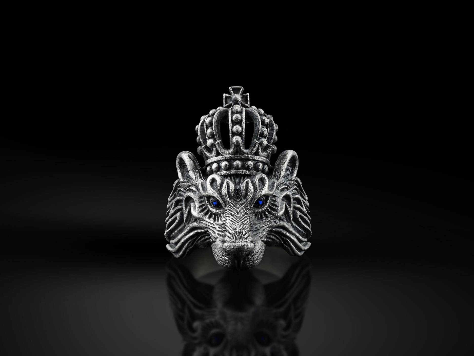 König Der Löwen Mit Seiner Krone Sterling Silber Ring Für Männer, Löwenkopf Anpassbaren Edelstein, Natur Inspiriert von BySilverStone