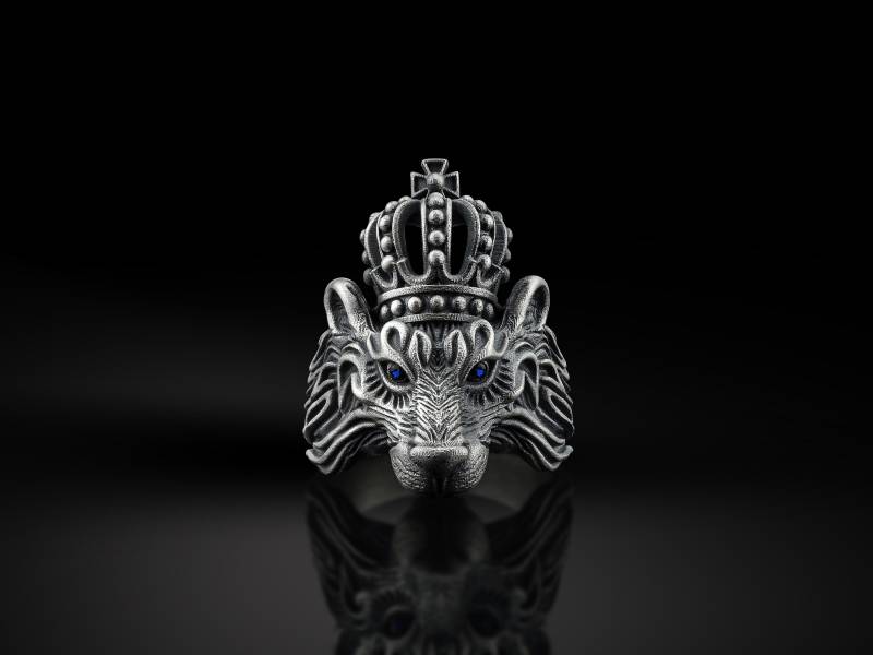 König Der Löwen Mit Seiner Krone Sterling Silber Ring Für Männer, Löwenkopf Anpassbaren Edelstein, Natur Inspiriert von BySilverStone