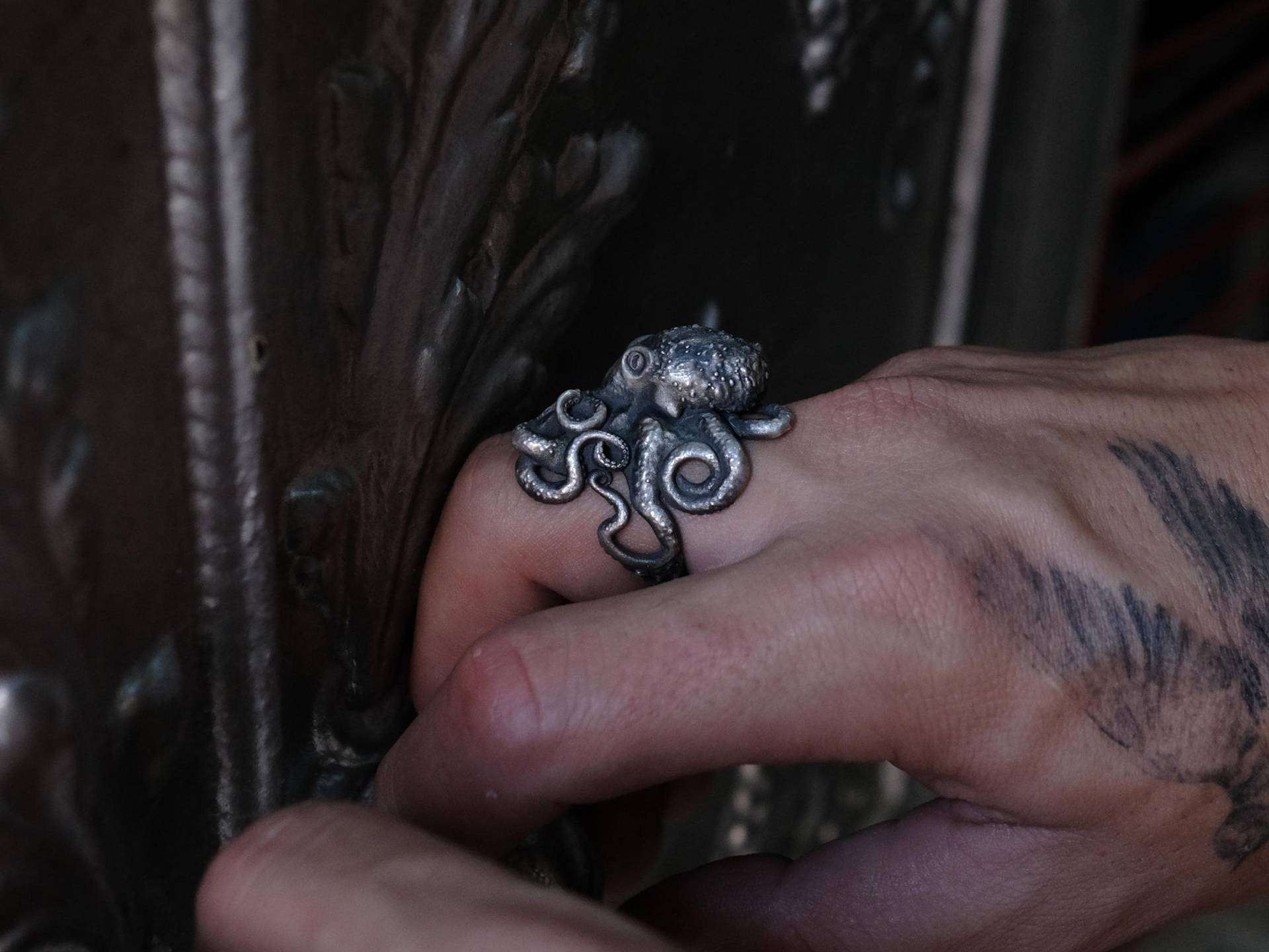 Krake Handgemachte Sterling Silber Männer Ring, Tier Biker Schmuck, Meer Gothic Ring Für von BySilverStone