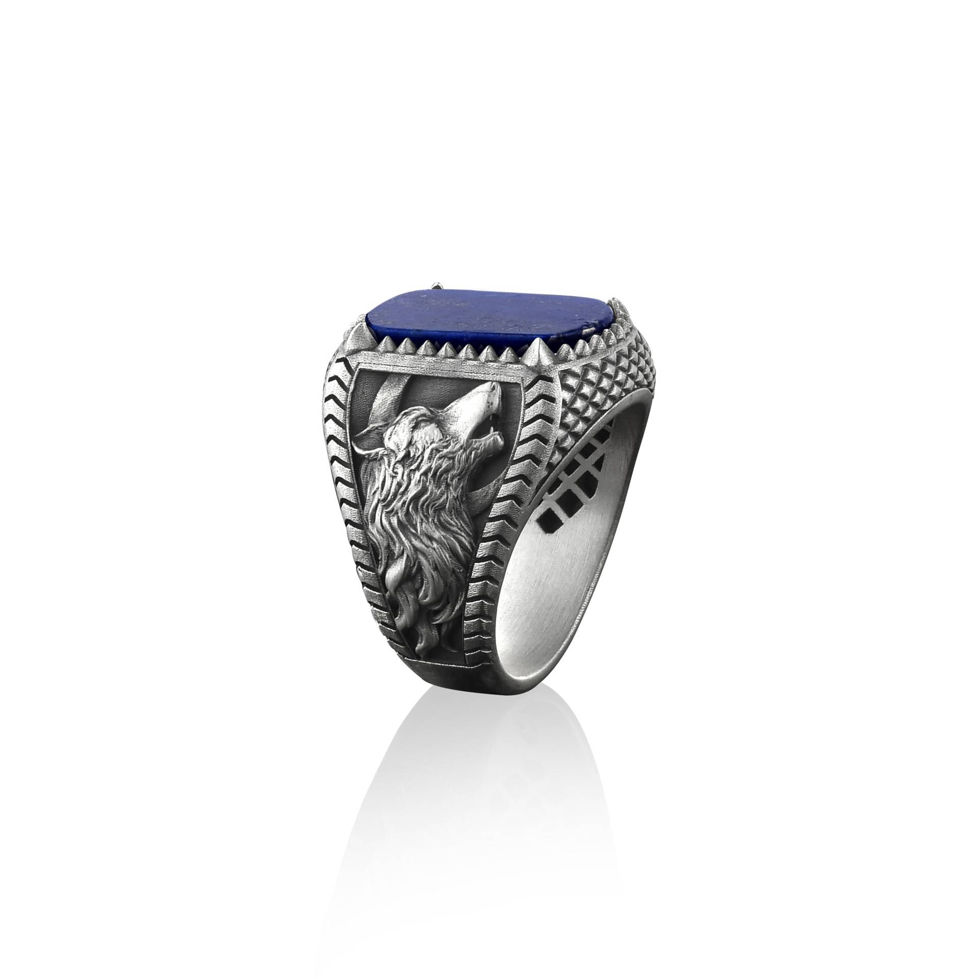 Lapislazuli Siegelring Silberring Mit Heulender Wolf, 925 Sterling Silber Wolf Und Der Halbmond-Mann-Ring, Männer Ferir Eheringe von BySilverStone