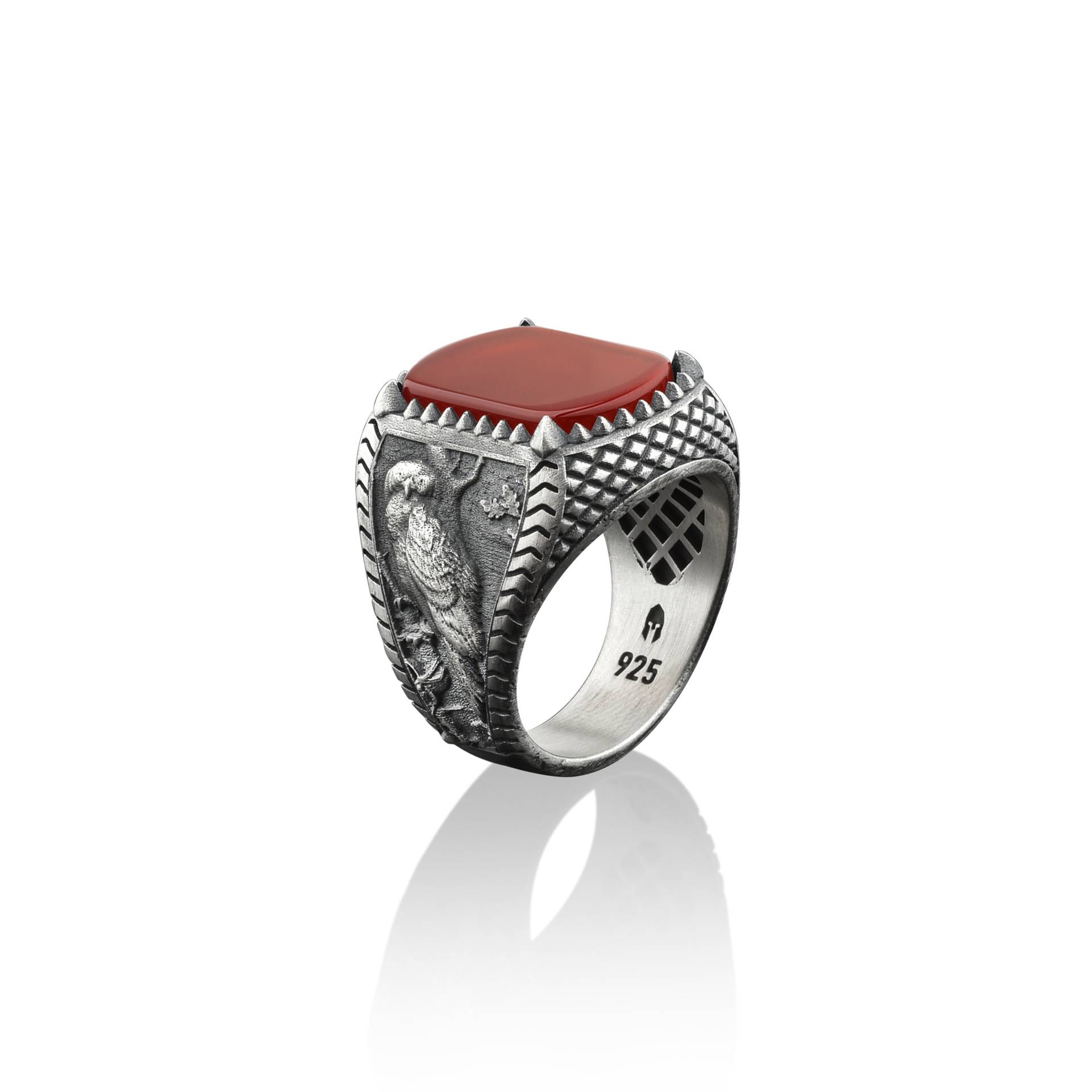 Natur Inspirierte Eule Auf Dem Ast Silber Männerring Mit Karneol Stein, Kissen Roter Achat Siegelring Für Männer Eule, Edelstein Ring von BySilverStone