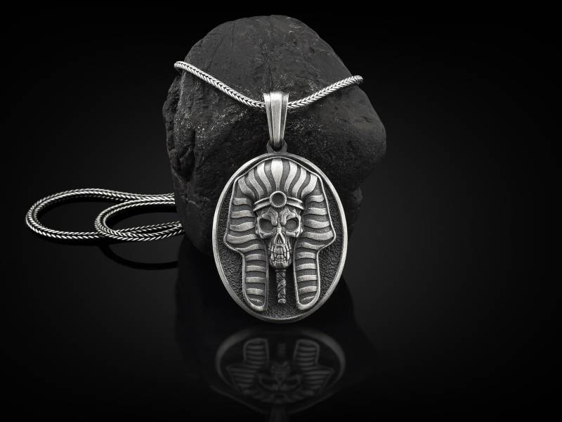 Pharao Schädel Handgemachte Sterling Silber Männer Charme Halskette, Alte Ägypten Gothic Schmuck, Anhänger, Mythologie Halskette von BySilverStone