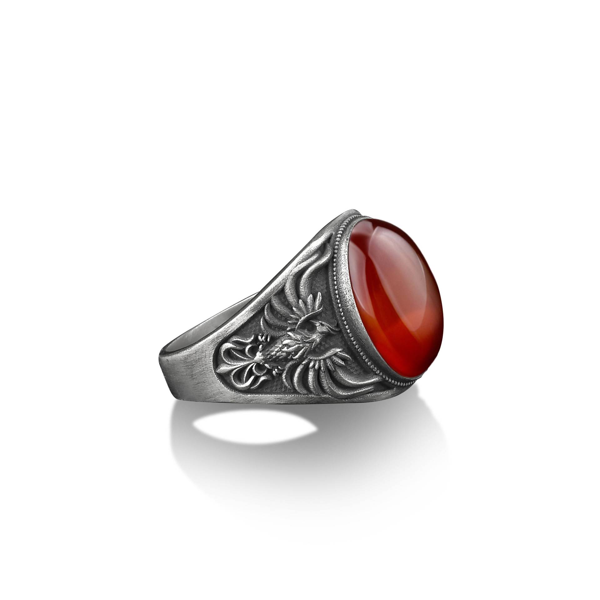 Phoenix Vogel Karneol Edelstein Siegelring Für Männer in Silber, 925 Sterling Silber Gravierten Roten Achat Stein Siegelring, Myth Ring von BySilverStone