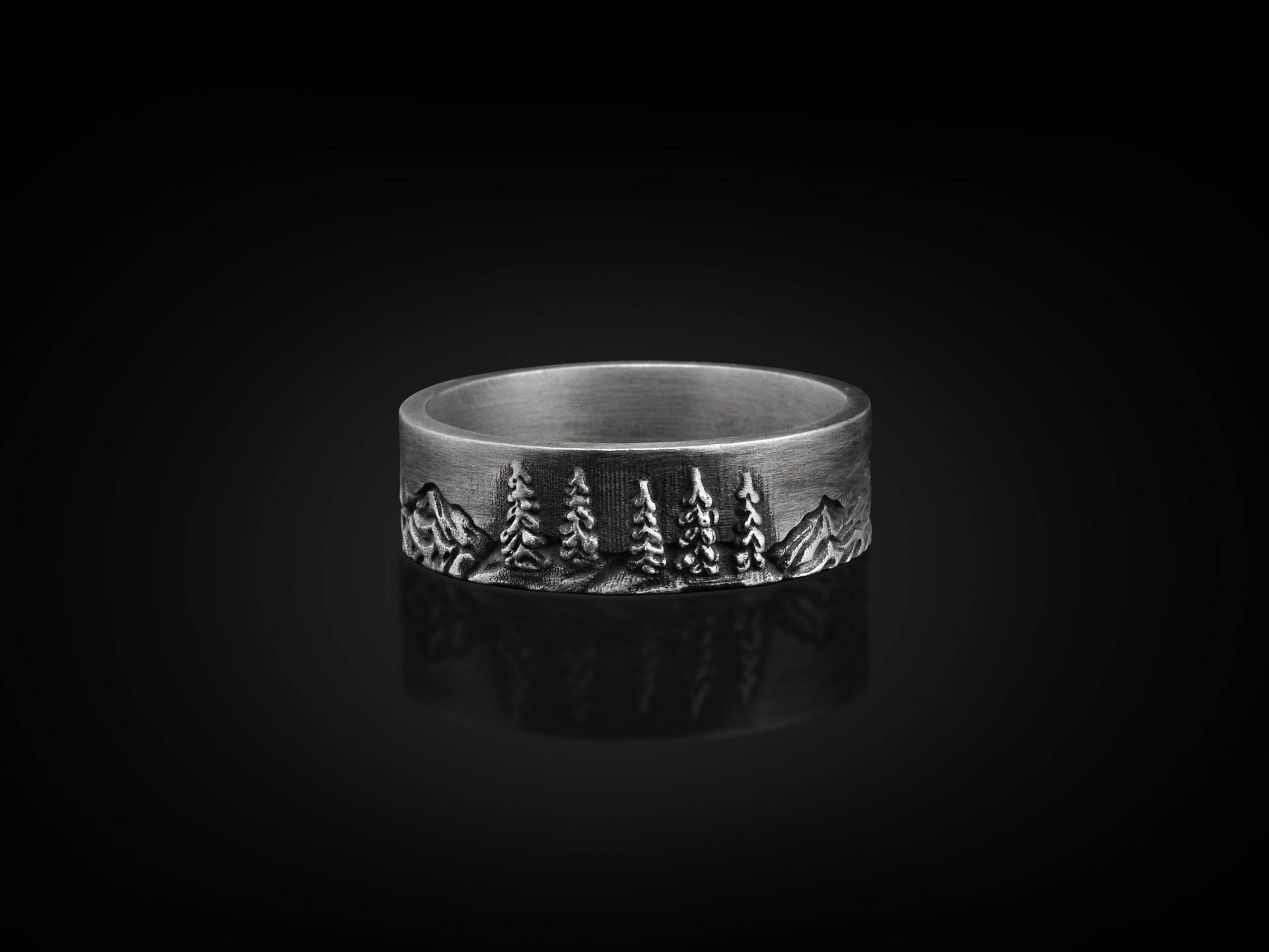 Pine Trees Handgemachter Sterling Silber Männer Bandring, Natur Ehering, Zierlicher Ring, Verlobungsring, Jahrestagsring, Gedenkgeschenk von BySilverStone