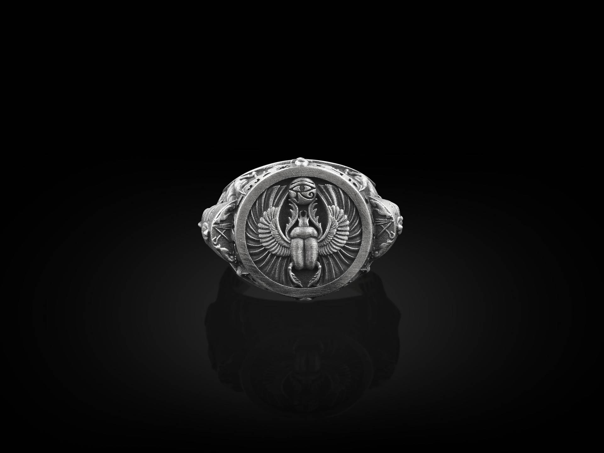 Skarabäus Und Kleopatra Auf Der Seite Siegelring, 925 Sterling Silber Mythologie Schmuck, Auge Vorsehung Ring, Ring Mit Gravur, Erinnerungsgeschenk von BySilverStone