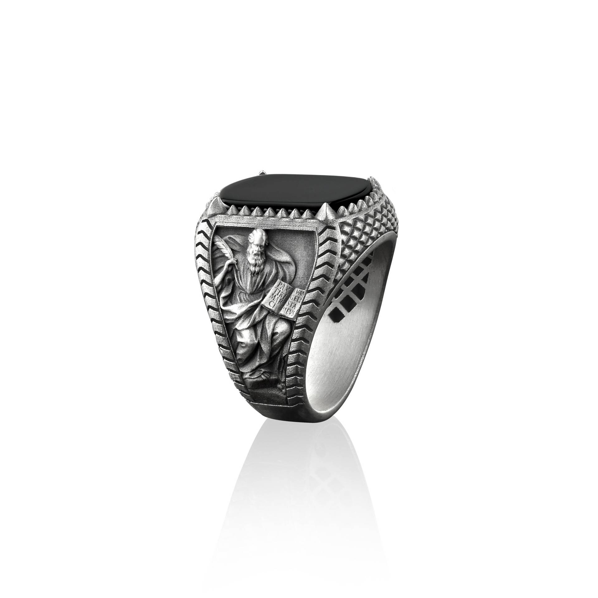 St. Mark The Evangelist Mit Schwarzem Onyx-Männerring Aus Sterlingsilber, Schwarzer Onyx-Edelsteinring Für Männer, Christlicher Schmuck von BySilverStone