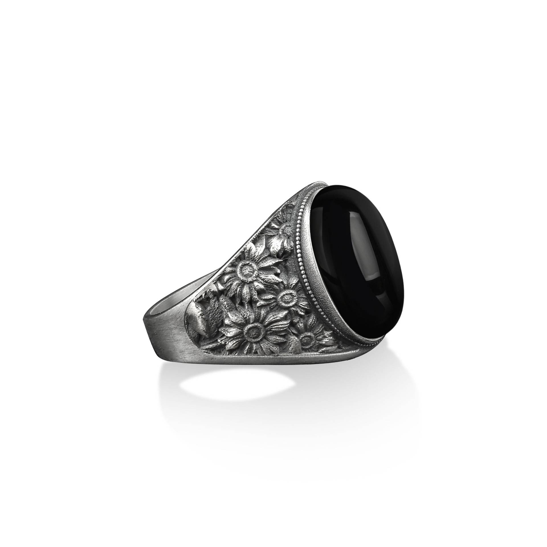 Strauß Sonnenblumen Mit Schwarzem Onxz Silber Männerring, Gravierter Onyx-Edelsteinring, 925 Sterlingsilber Floraler Siegelring Für Sie Und Ihn von BySilverStone