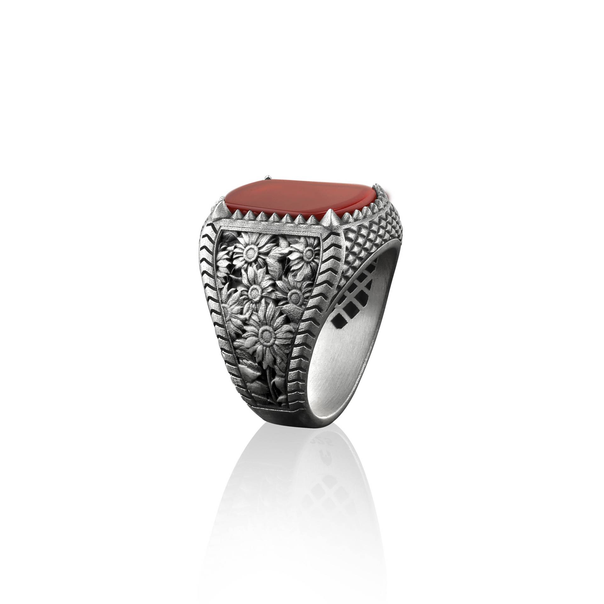 Blumenstrauß Sonnenblumen Und Karneol Edelstein Mann Ring, Sterling Silber Graviert Rot Achat Männer Geschenke Schmuck von BySilverStone